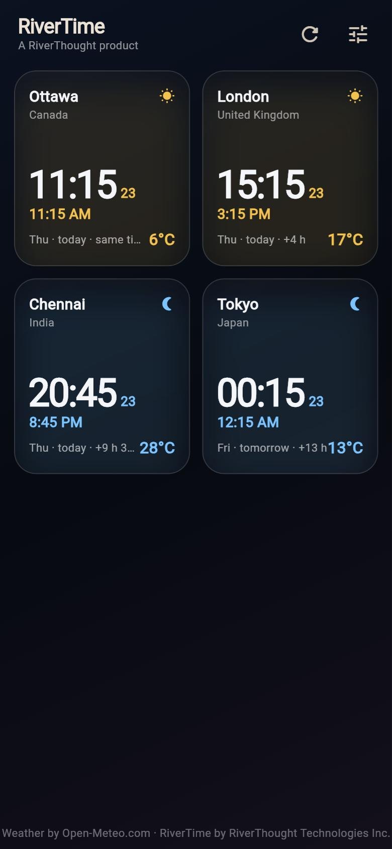 RiverTime on an Android phone with four city clocks