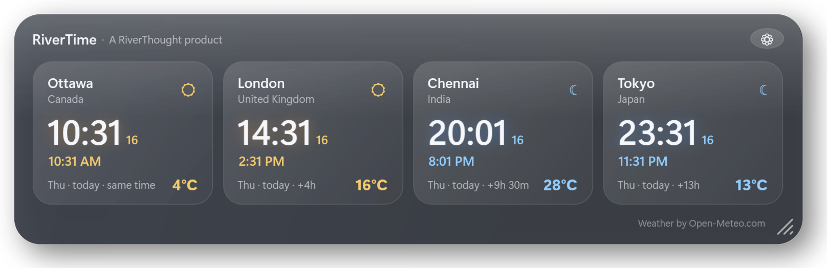 RiverTime panel on Windows showing Ottawa, London, Chennai and Tokyo with 24-hour and 12-hour times and temperatures